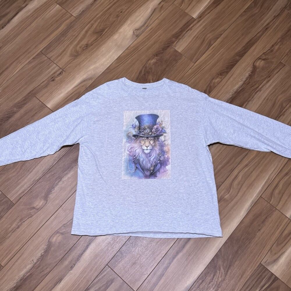 Steampunk Lion Graphic Tee 2XL Gray Fantasy Art Top Hat Roses